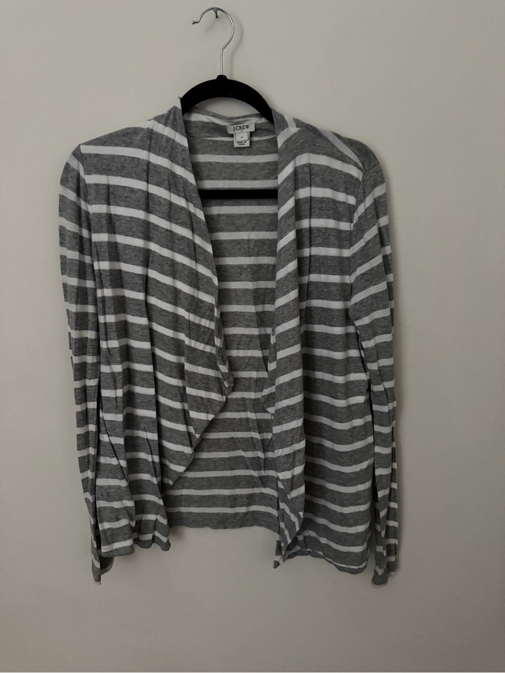 J. Crew Gray and White Striped Open Drape Cardigan